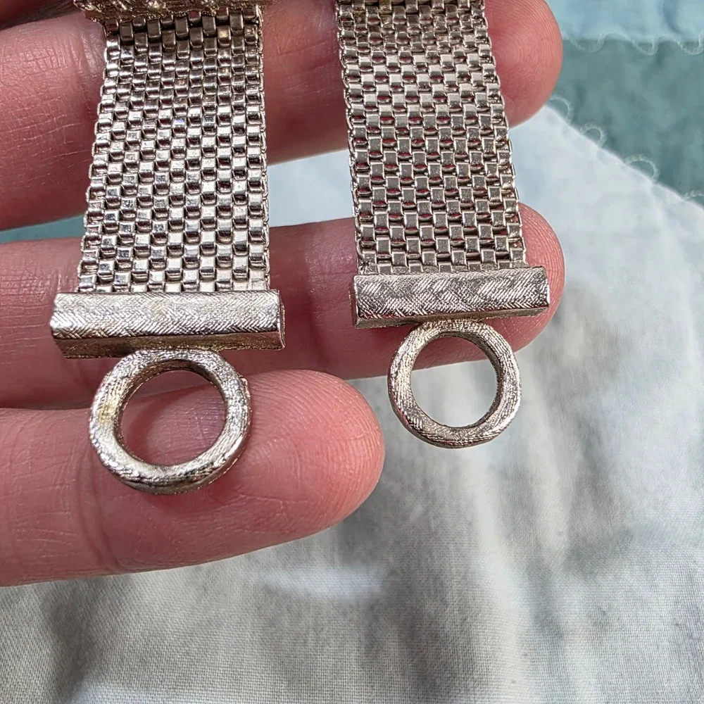 Vintage Mesh Wrap Cufflinks Mens Blue Crystal‎ Silver Tone Square Toggle Back